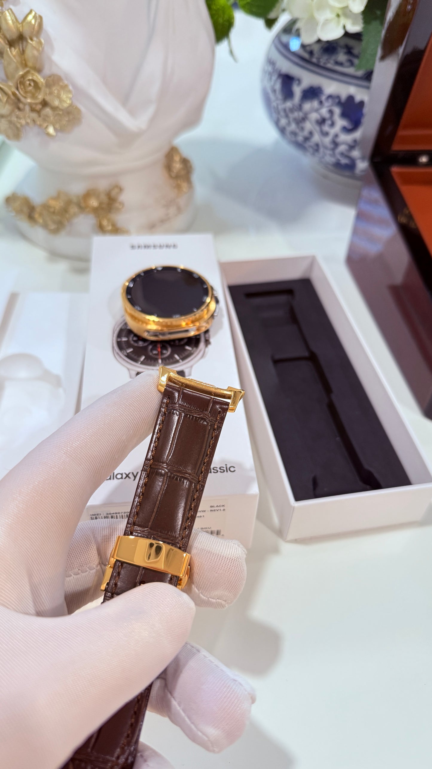 Custom 24k Gold Samsung Galaxy Watch 8 Classic Brown Leather Band