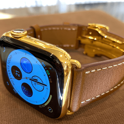 Custom 24k Gold Plated 45mm Apple Watch Series 9 Brown Leather Band Deployment Buckle