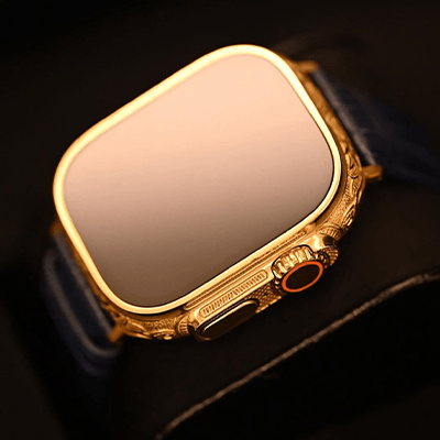 Custom Engraved 24k Gold Apple Watch ULTRA 2 49mm with a Black Leather Band