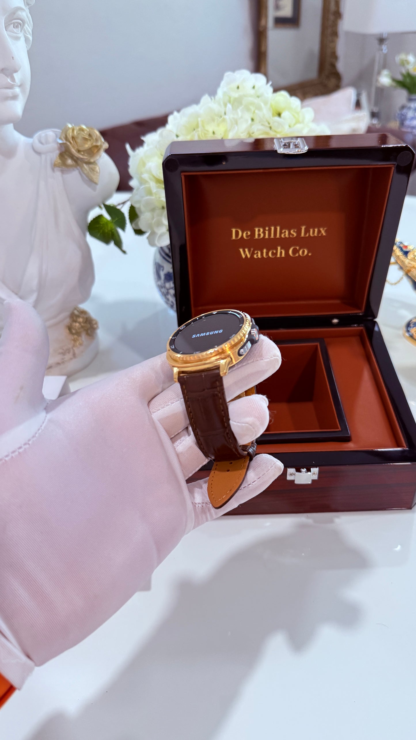 Custom 24k Gold Samsung Galaxy Watch 8 Classic Brown Leather Band