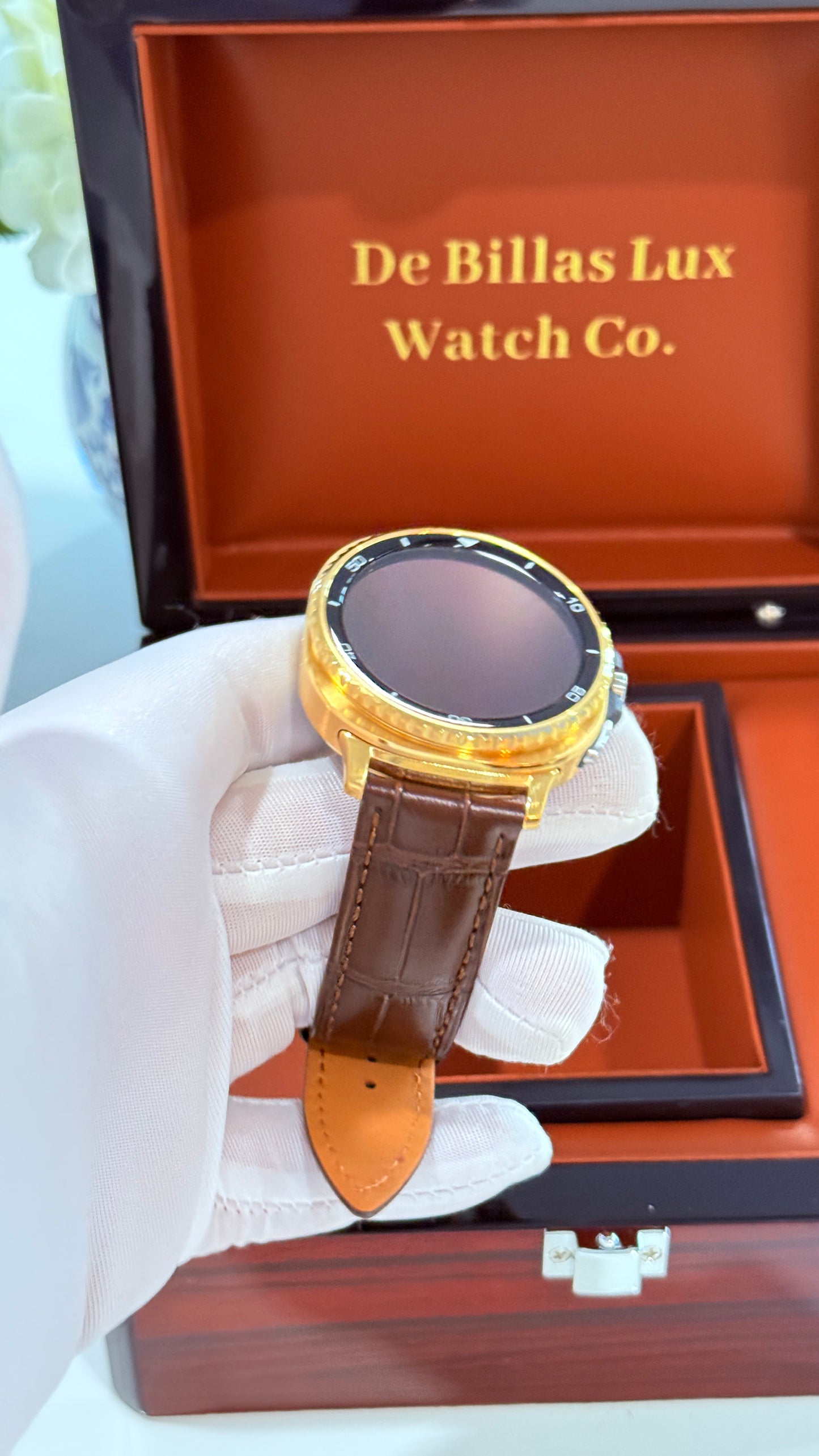 Custom 24k Gold Samsung Galaxy Watch 8 Classic Brown Leather Band