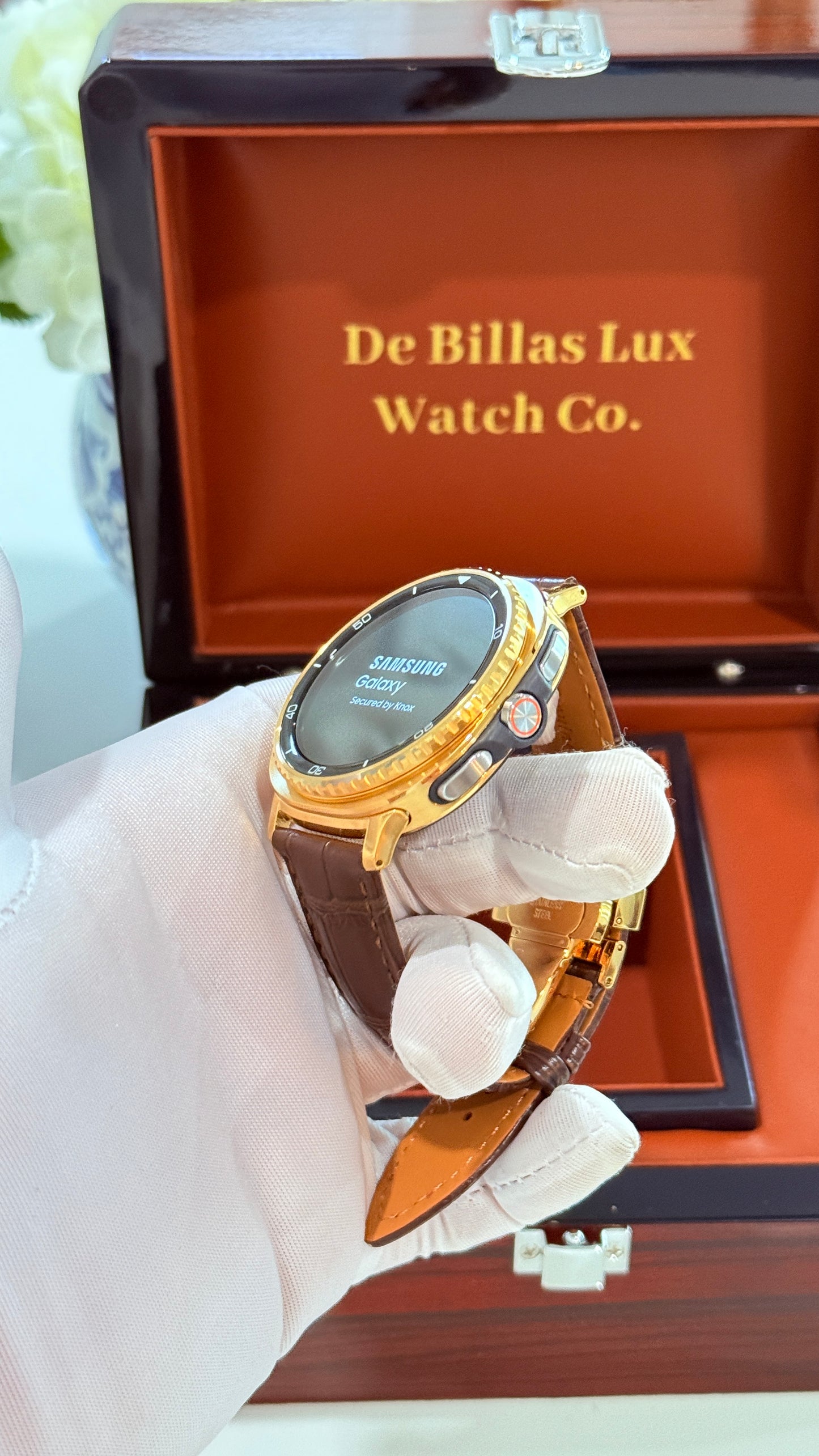 Custom 24k Gold Samsung Galaxy Watch 8 Classic Brown Leather Band