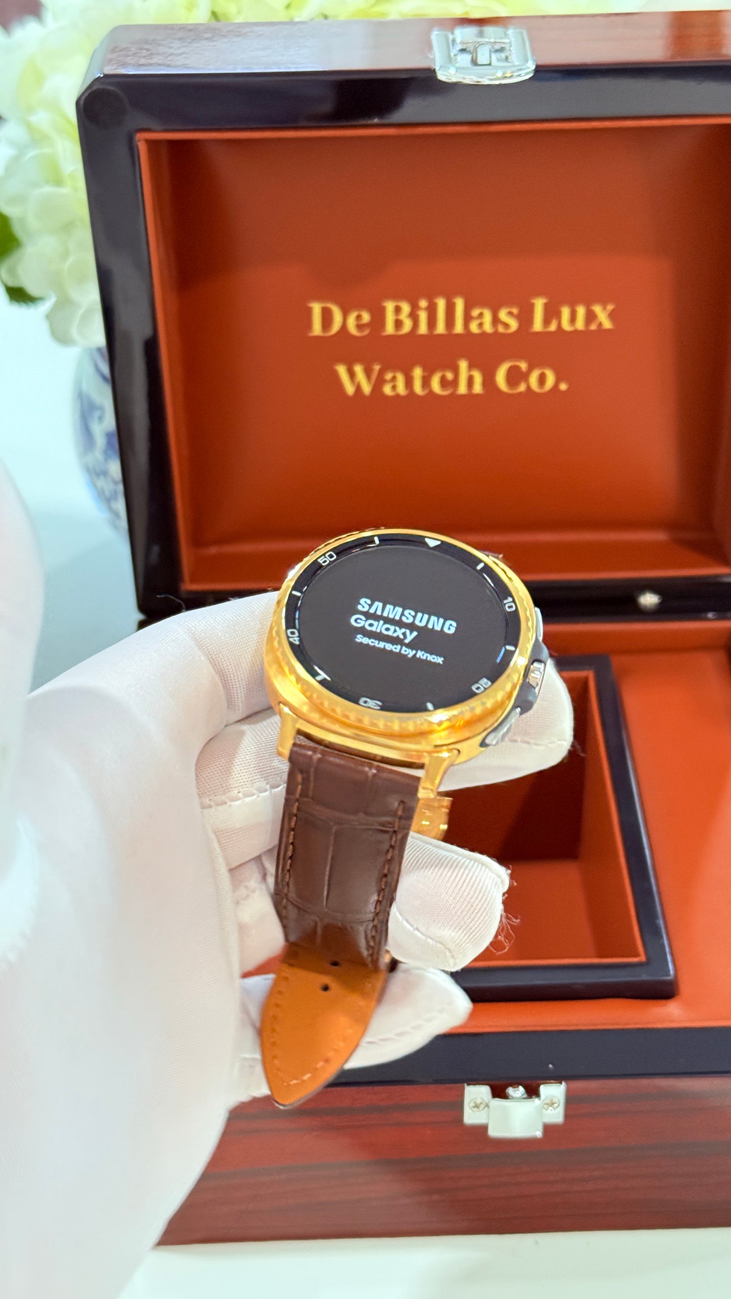 Custom 24k Gold Samsung Galaxy Watch 8 Classic Brown Leather Band
