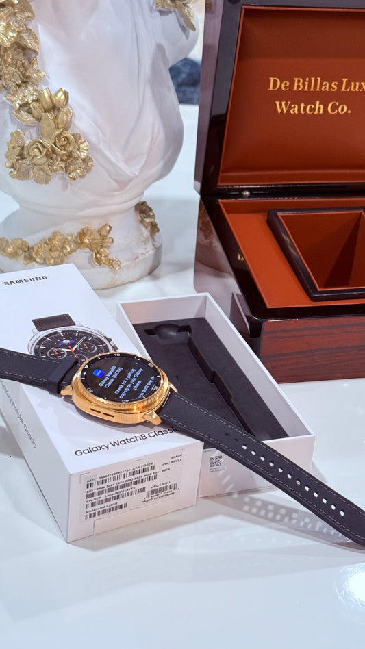 Custom 24k Gold Plated 46mm Samsung Galaxy Watch 8 Classic Black Leather 2 Bands