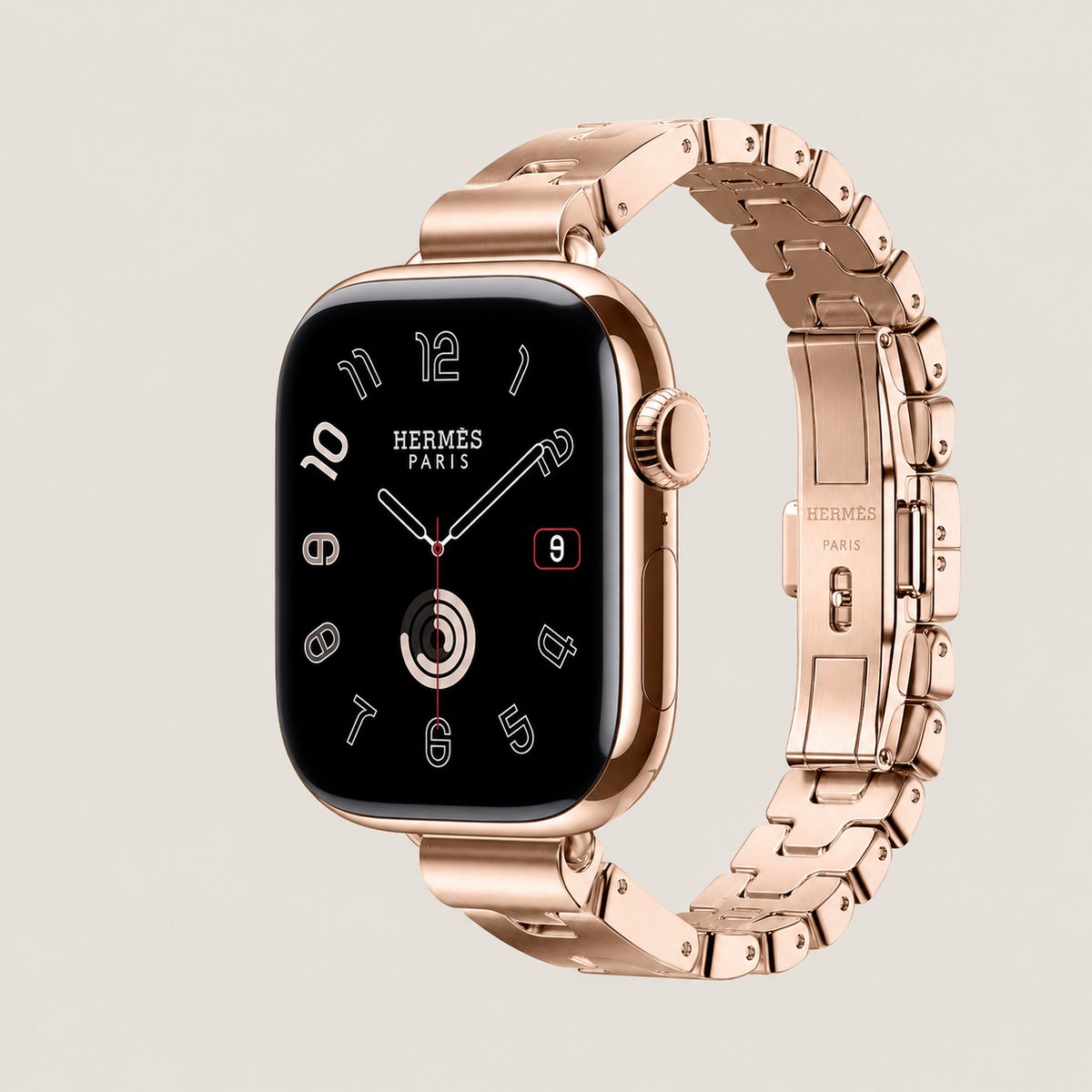 Apple Watch with rose-gold finish and Hermès Grand H Fin band, angled front view