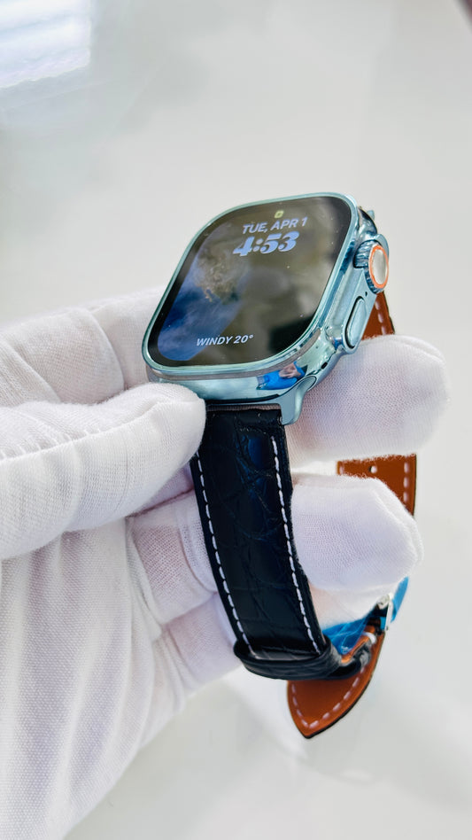 Custom Polished Anodized Sky Blue Apple Watch Ultra 3 Black Leather Band Water Resistant