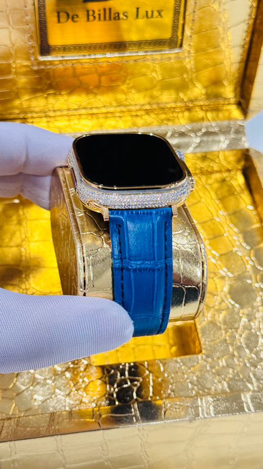 Custom 24K Gold Apple Watch Ultra 2 with Inlaid Diamonds & Blue Leather Band – Luxury Gift Box Included