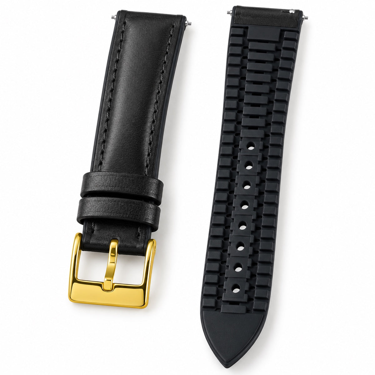 Third-party 22 mm black leather and ribbed silicone hybrid strap with gold pin buckle