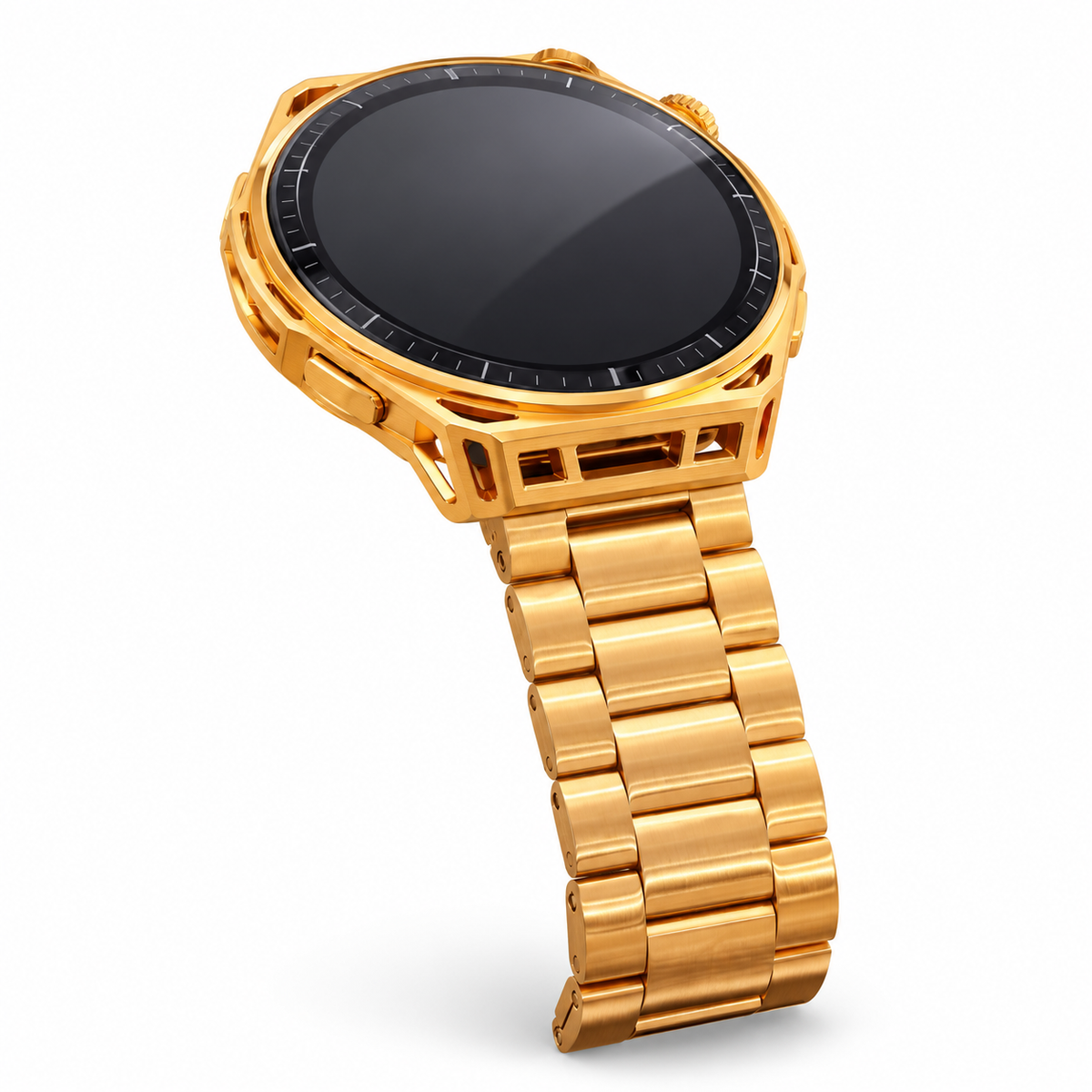 Custom 24K gold plated Amazfit Balance 3 smartwatch with gold link bracelet on white background