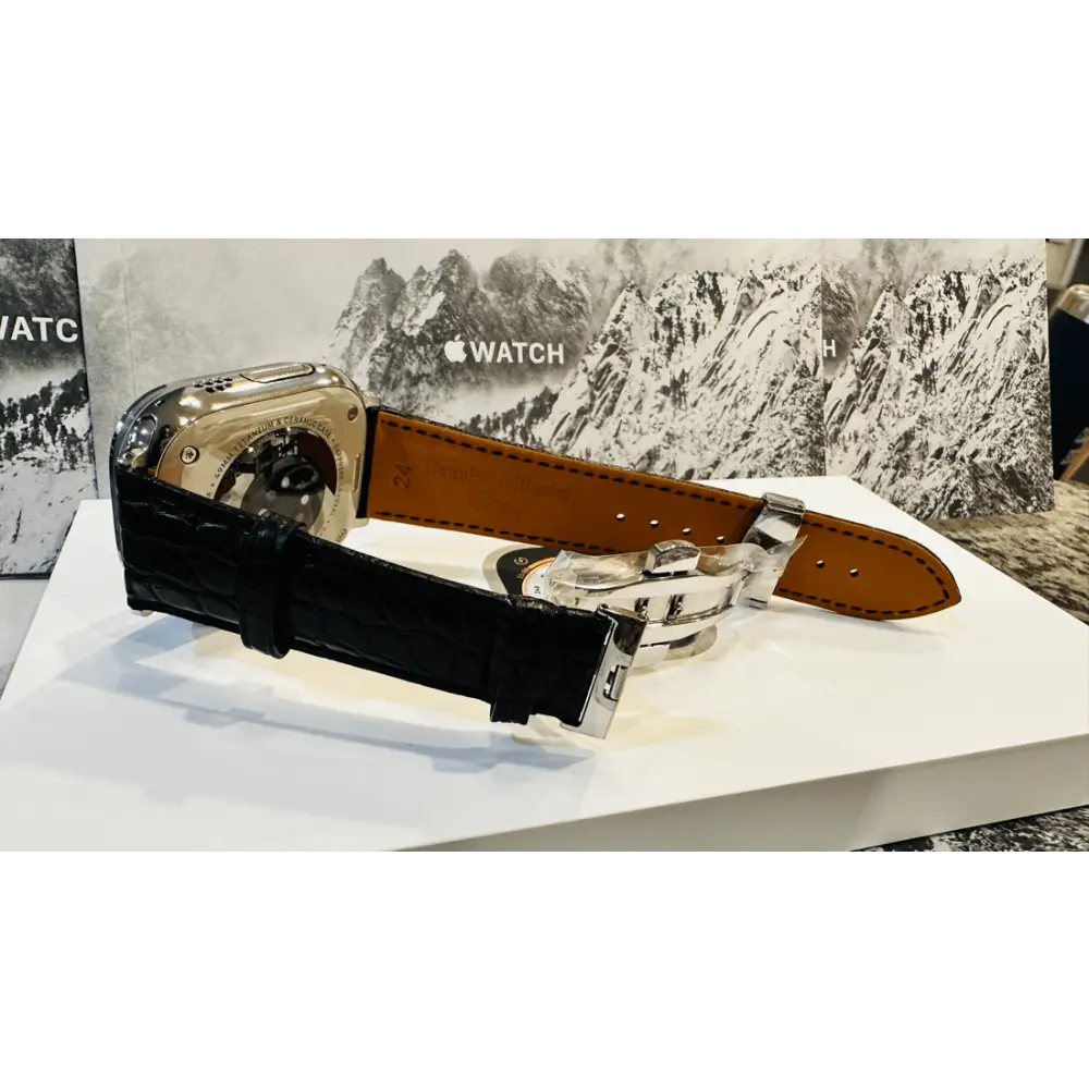 Black alligator grain leather band 24mm for Apple Watch Any Series size 42 44 45 and 49mm