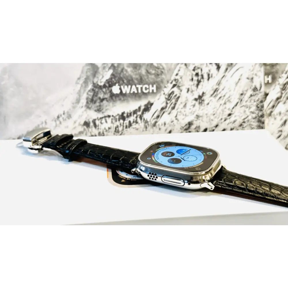Black alligator grain leather band 24mm for Apple Watch Any Series size 42 44 45 and 49mm