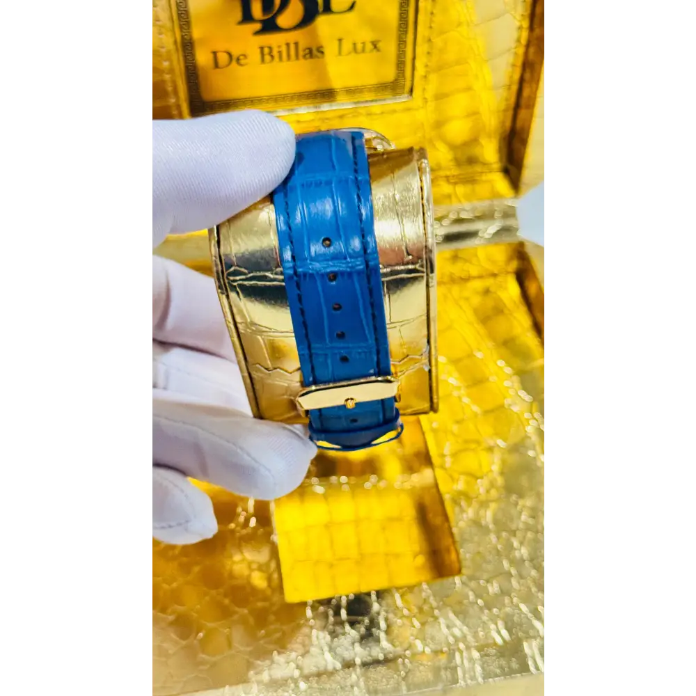 Custom 24K Gold Apple Watch Ultra 2 with Inlaid Zircon & Blue Leather Band – Luxury Gift Box Included