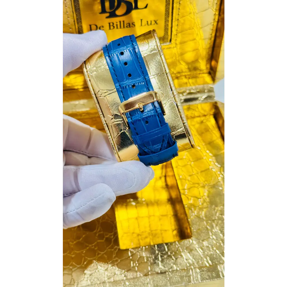 Custom 24K Gold Apple Watch Ultra 2 with Inlaid Zircon & Blue Leather Band – Luxury Gift Box Included