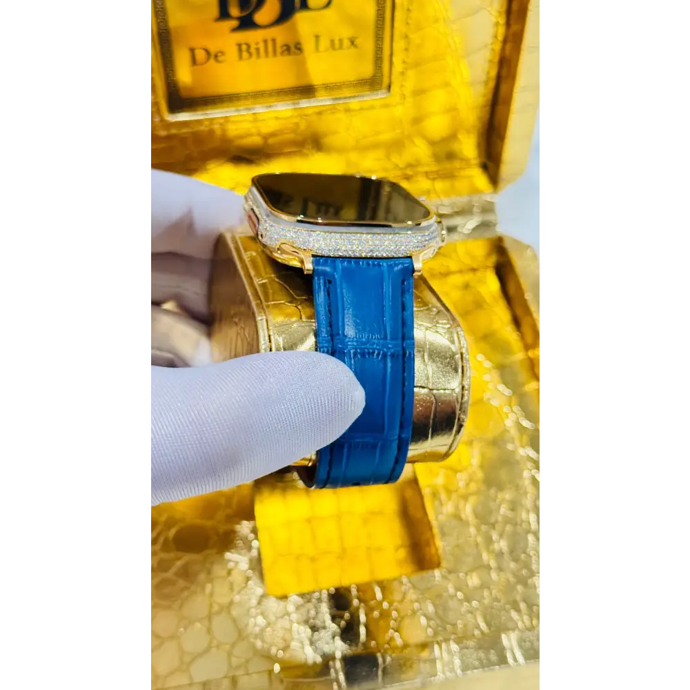 Custom 24K Gold Apple Watch Ultra 2 with Inlaid Zircon & Blue Leather Band – Luxury Gift Box Included