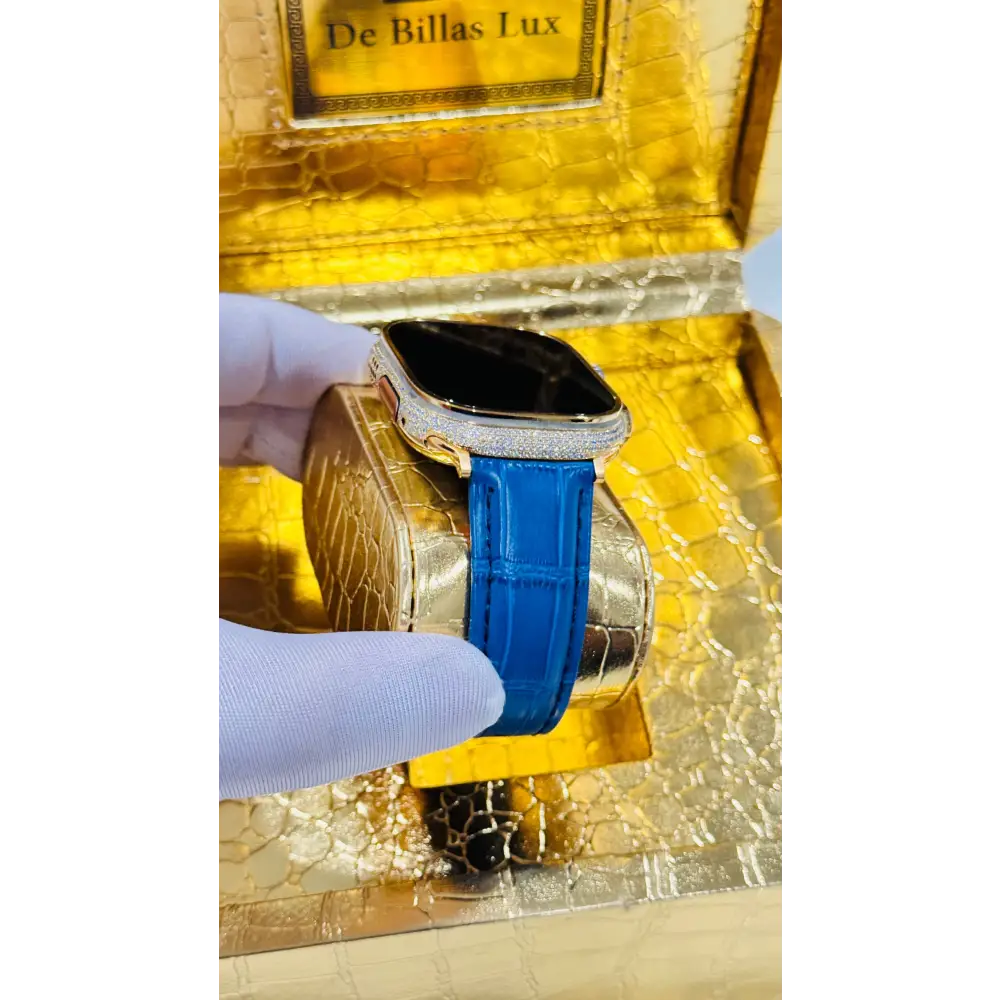 Custom 24K Gold Apple Watch Ultra 2 with Inlaid Zircon & Blue Leather Band – Luxury Gift Box Included