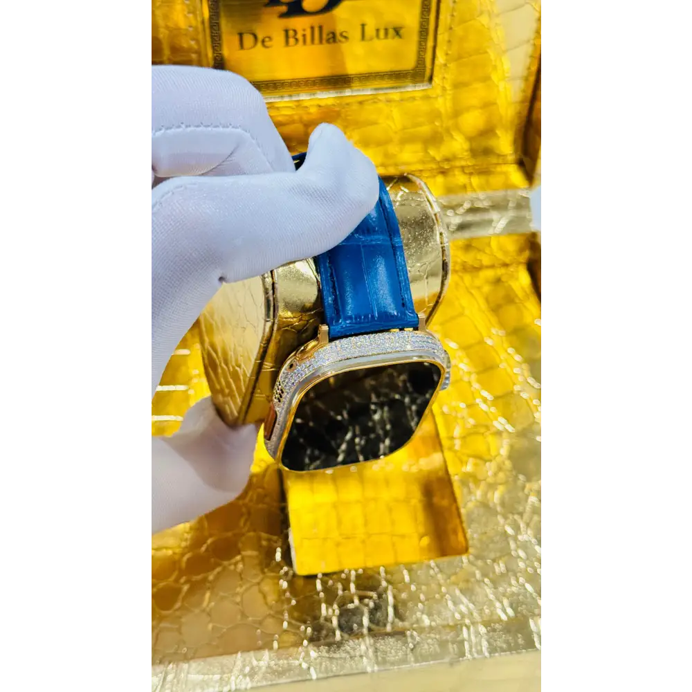 Custom 24K Gold Apple Watch Ultra 2 with Inlaid Zircon & Blue Leather Band – Luxury Gift Box Included