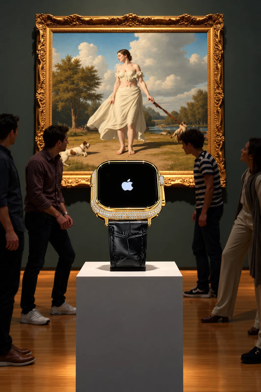 Artistic museum rendering of a custom gold-plated Apple Watch with a jeweled case and black leather band on a pedestal