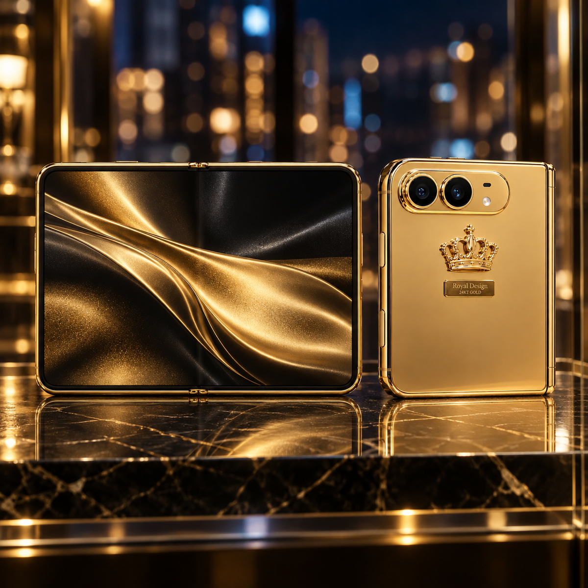 Royal Design iPhone Duo open and closed in a nighttime display — AI design rendering