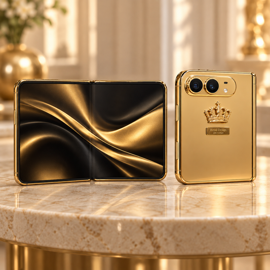 Royal Design iPhone Duo shown open and closed on marble — AI design rendering