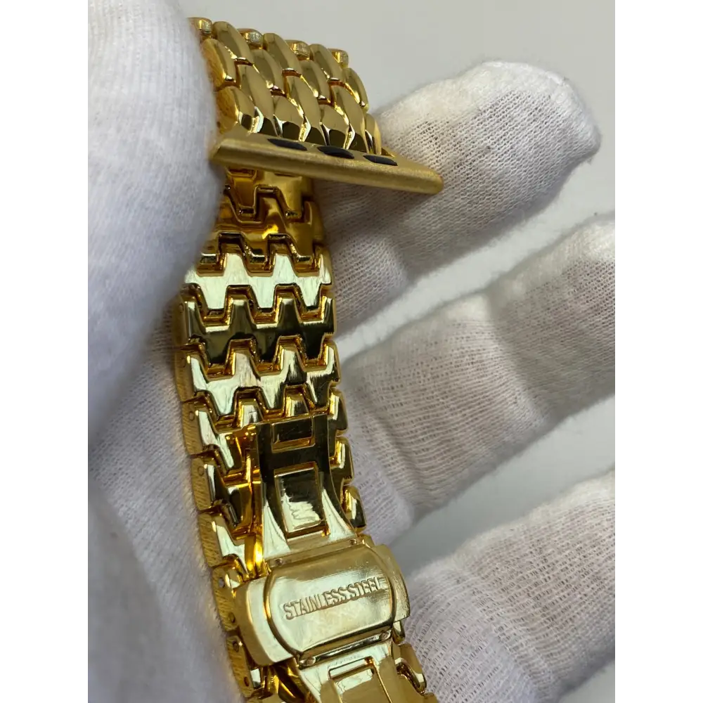 Custom 24k Gold Links Band with Butterly Buckle for Apple Watch Any Series Size 46mm 44mm 45mm 49mm