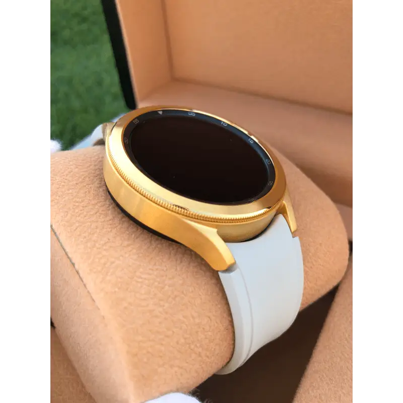 Custom 24k Gold Plated 46mm Samsung Galaxy Watch 4 with Gray Rubber Band – 2021 Release