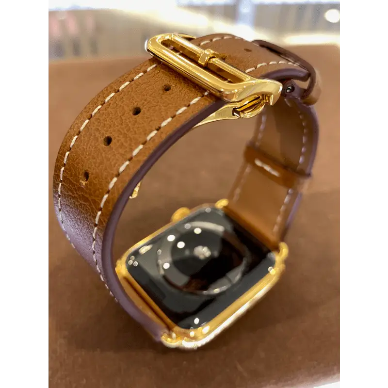Custom 24k Gold Plated 45mm Apple Watch Series 9 Brown Leather Band Deployment Buckle