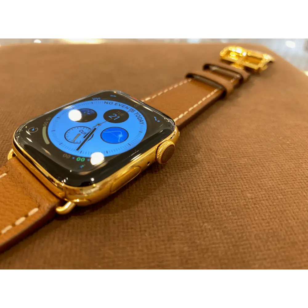 Custom 24k Gold Plated 45mm Apple Watch Series 9 Brown Leather Band Deployment Buckle