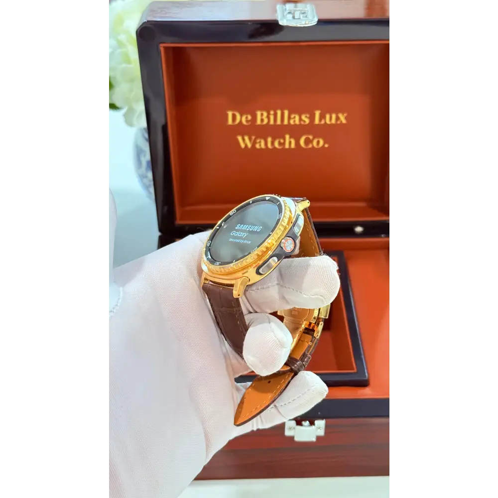 Custom 24k Gold Samsung Galaxy Watch 8 Classic Brown Leather Band