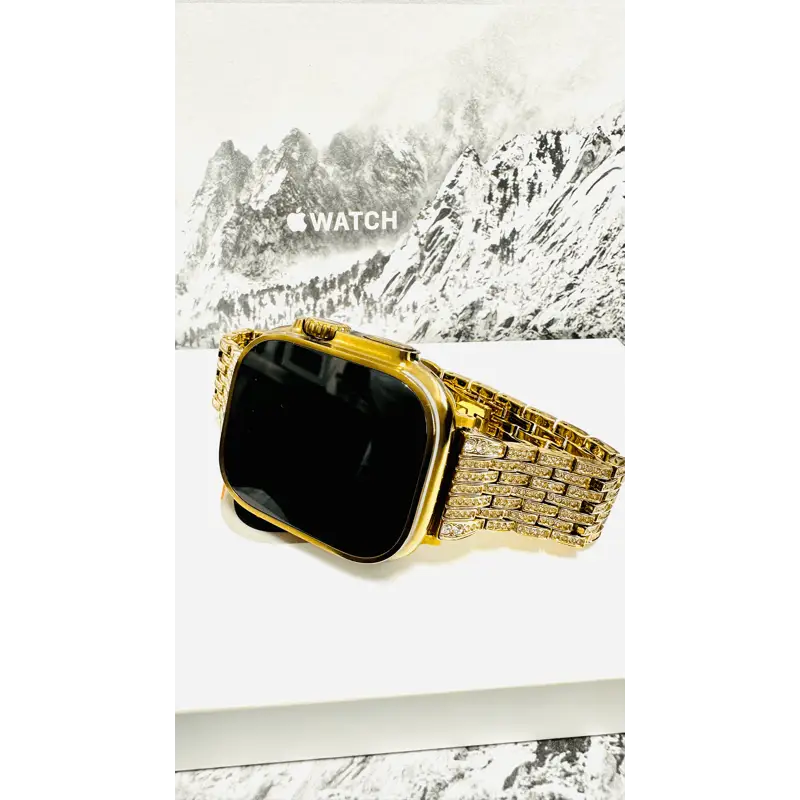 Custom Apple Watch Ultra 2 49mm with a golden-anodized case and gold-plated rhinestone band