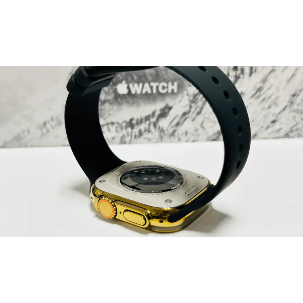 Custom diamond polished and anodized gold Apple Watch Ultra 2 49mm titanium with a Black Sport Band 24k Gold Pin