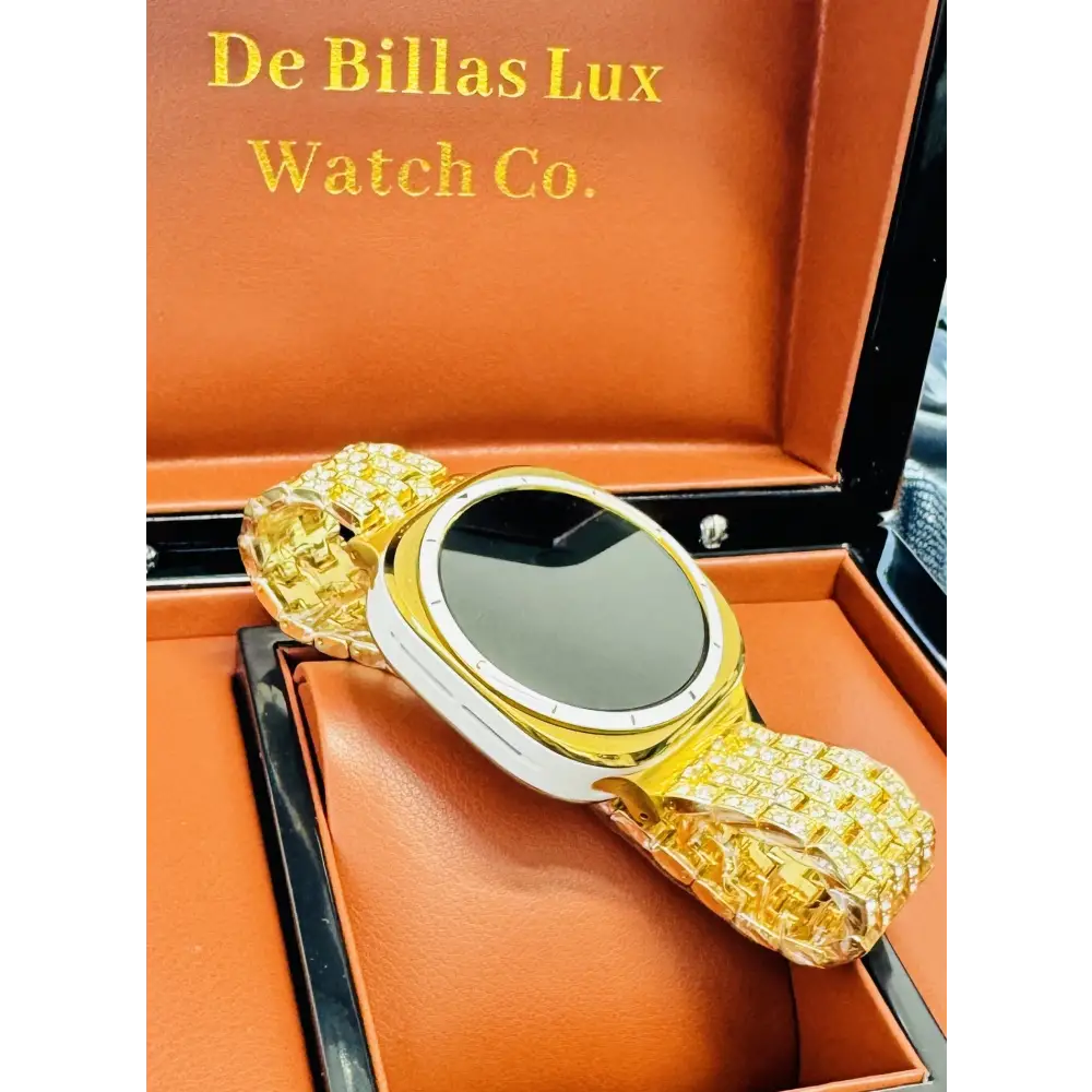Custom Samsung Galaxy Watch Ultra 47mm with a golden-anodized case and 24K gold-plated rhinestone band