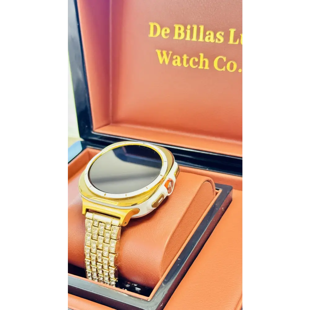 Custom Samsung Galaxy Watch Ultra 47mm with a golden-anodized case and 24K gold-plated rhinestone band