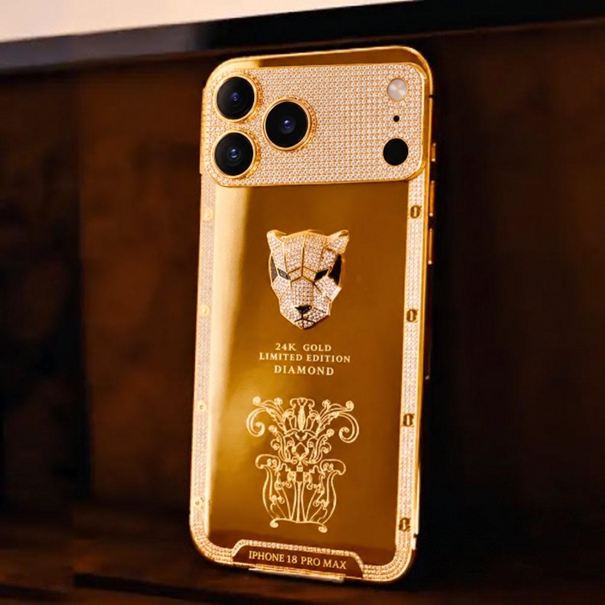 Custom 24K Gold iPhone 18 Pro Max 1 TB Panther — rear camera layout, view 1