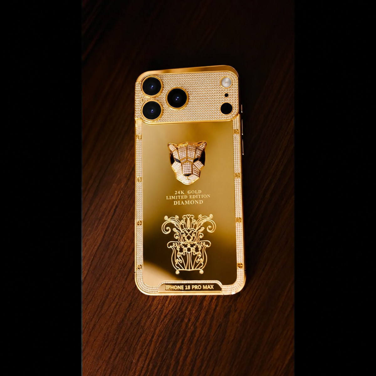 Custom 24K Gold iPhone 18 Pro Max 1 TB Panther — rear camera layout, view 4