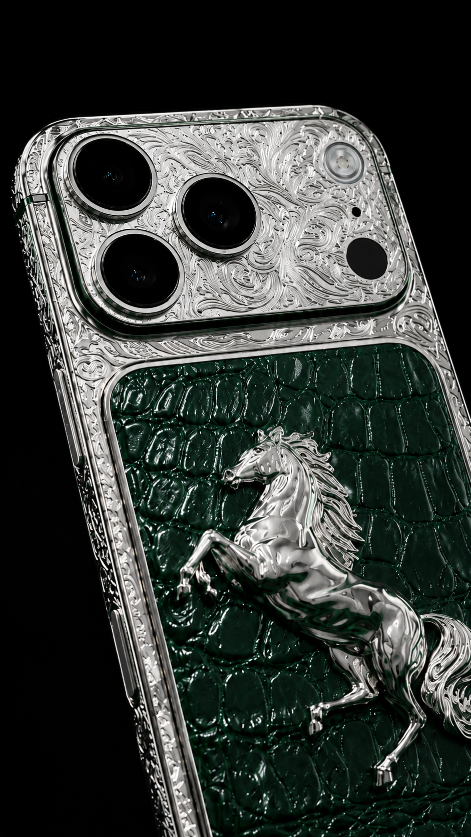 Custom Platinum iPhone 18 Pro Max – Green Leather Equestrian Edition — rear view 8, corrected camera, flash and LiDAR layout