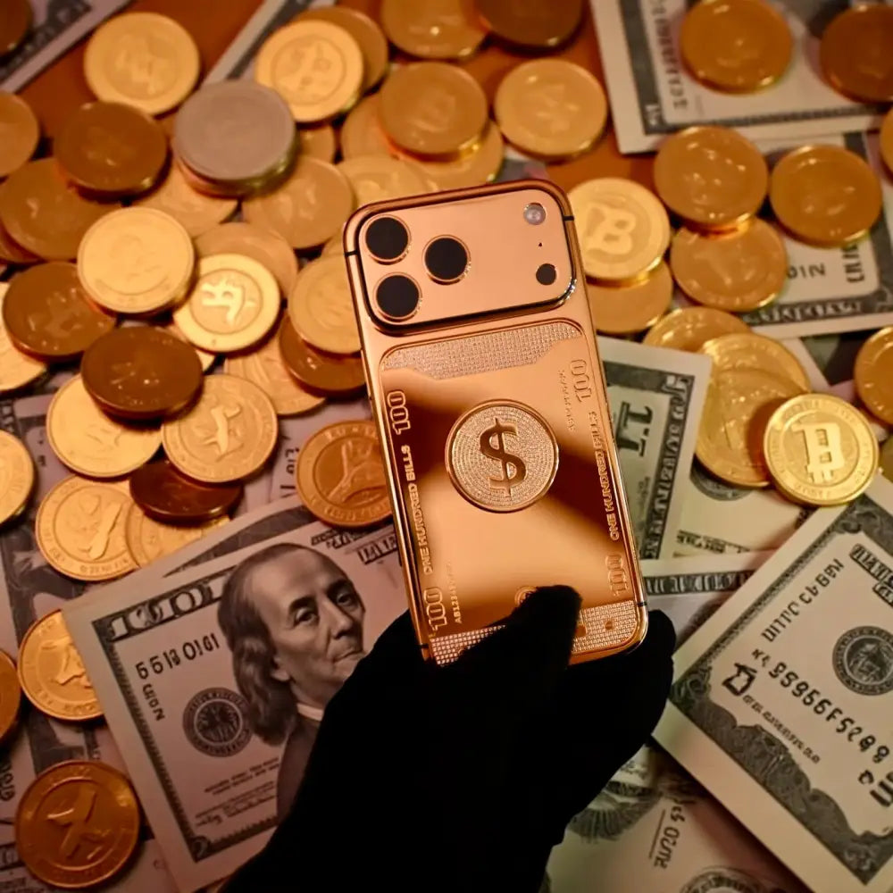 Gold-finish iPhone with dollar-symbol rear design above dollar banknotes and coins