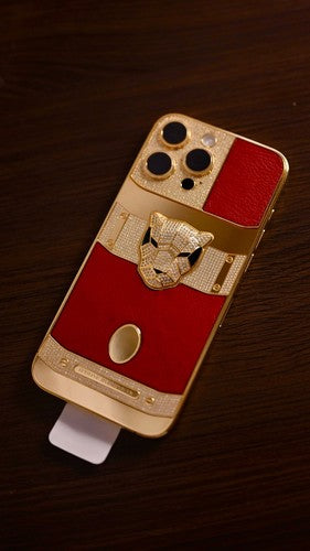 Custom 24k Gold Apple iPhone 16 Pro Max Red PANTHER Leather Emblem 1 TB