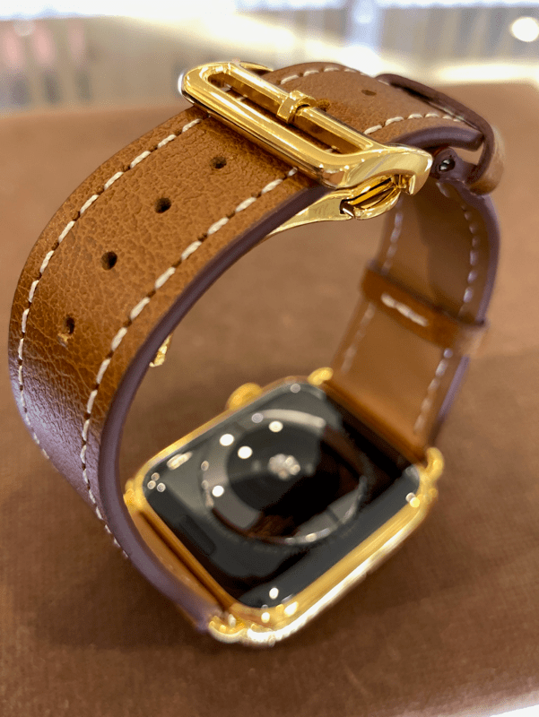 Custom 24k Gold Plated 45mm Apple Watch Series 9 Brown Leather Band Deployment Buckle