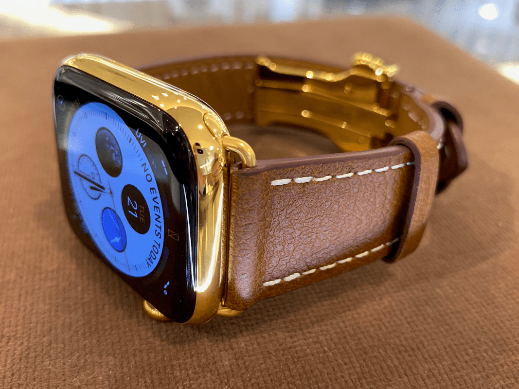 Custom 24k Gold Plated 45mm Apple Watch Series 9 Brown Leather Band Deployment Buckle