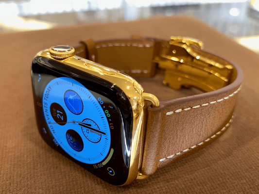 Custom 24k Gold Plated 45mm Apple Watch Series 9 Brown Leather Band Deployment Buckle