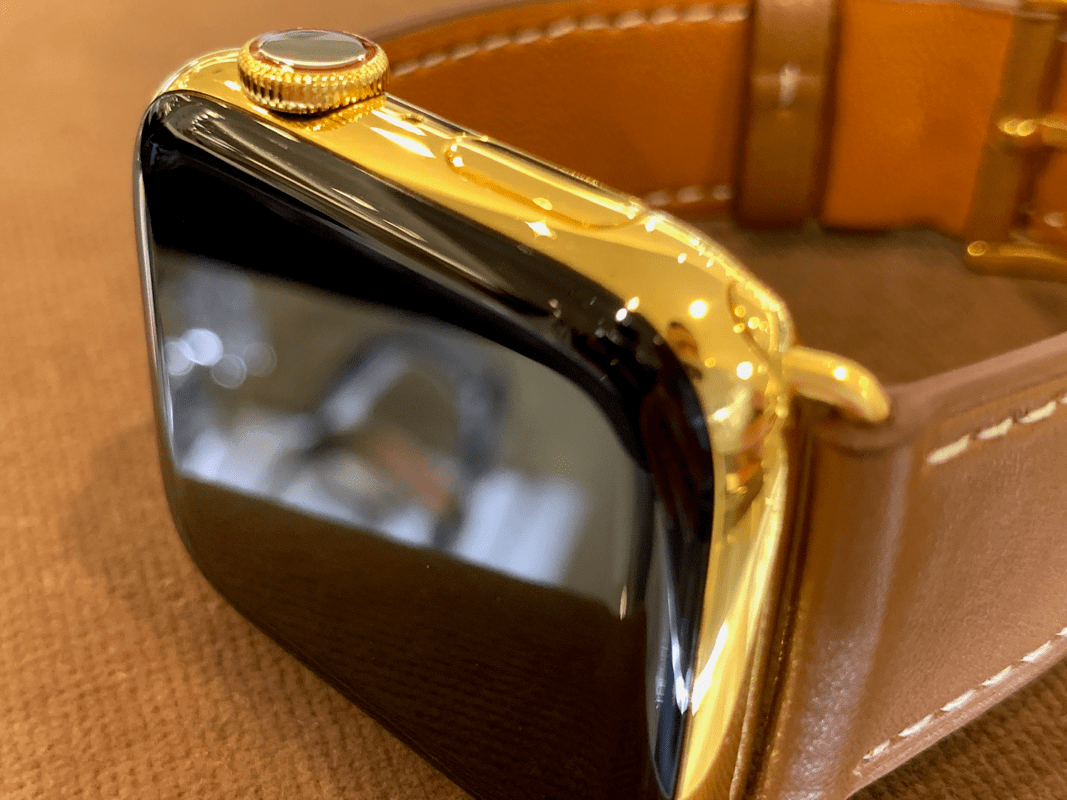 Custom 24k Gold Plated 45mm Apple Watch Series 9 Brown Leather Band Deployment Buckle
