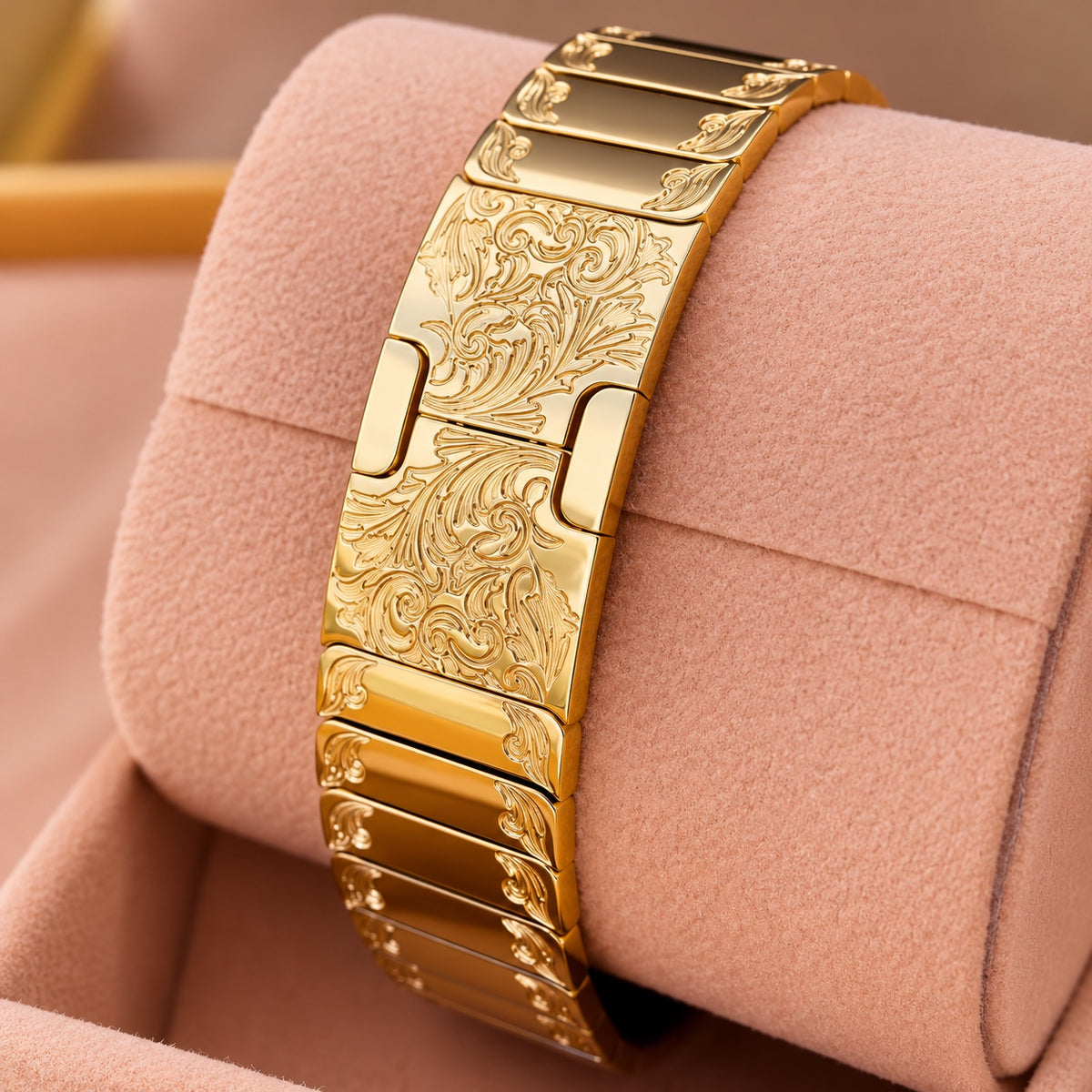 Rear view of engraved 24K gold link band clasp on peach cushion