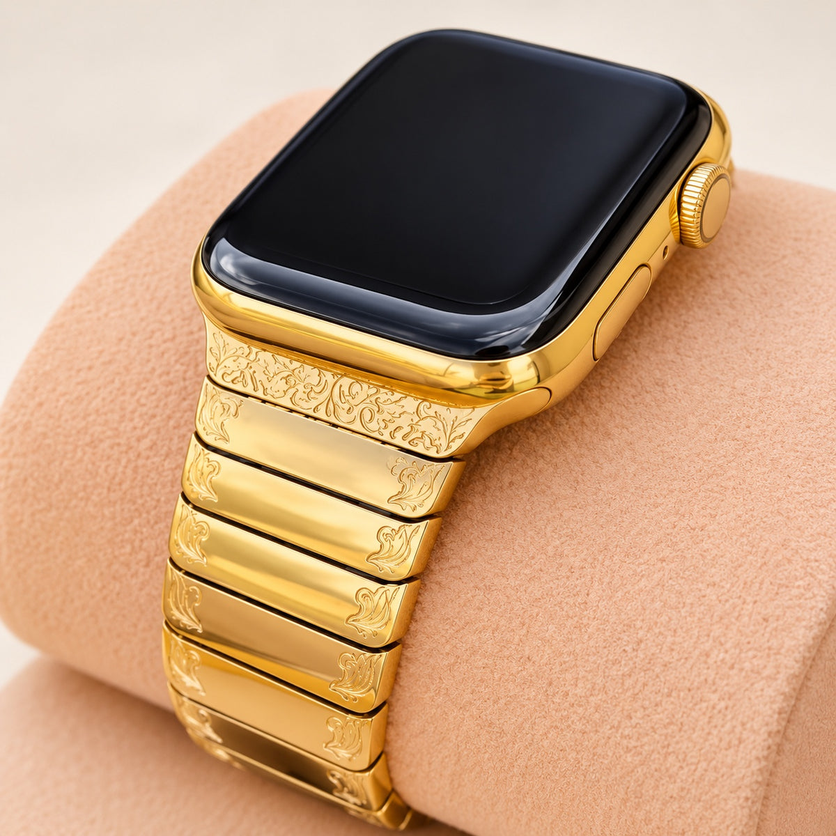 Custom 24K gold Apple Watch Series 9 45mm with engraved link band, front view