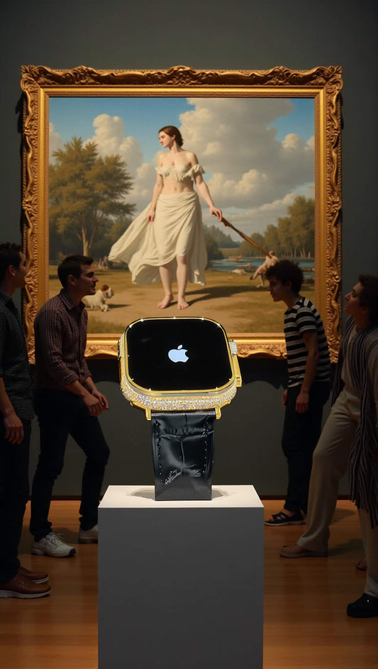 Custom 24K Gold Apple Watch Ultra 3 with Inlaid Diamonds & Black Leather Band – Luxury Gift Box Included