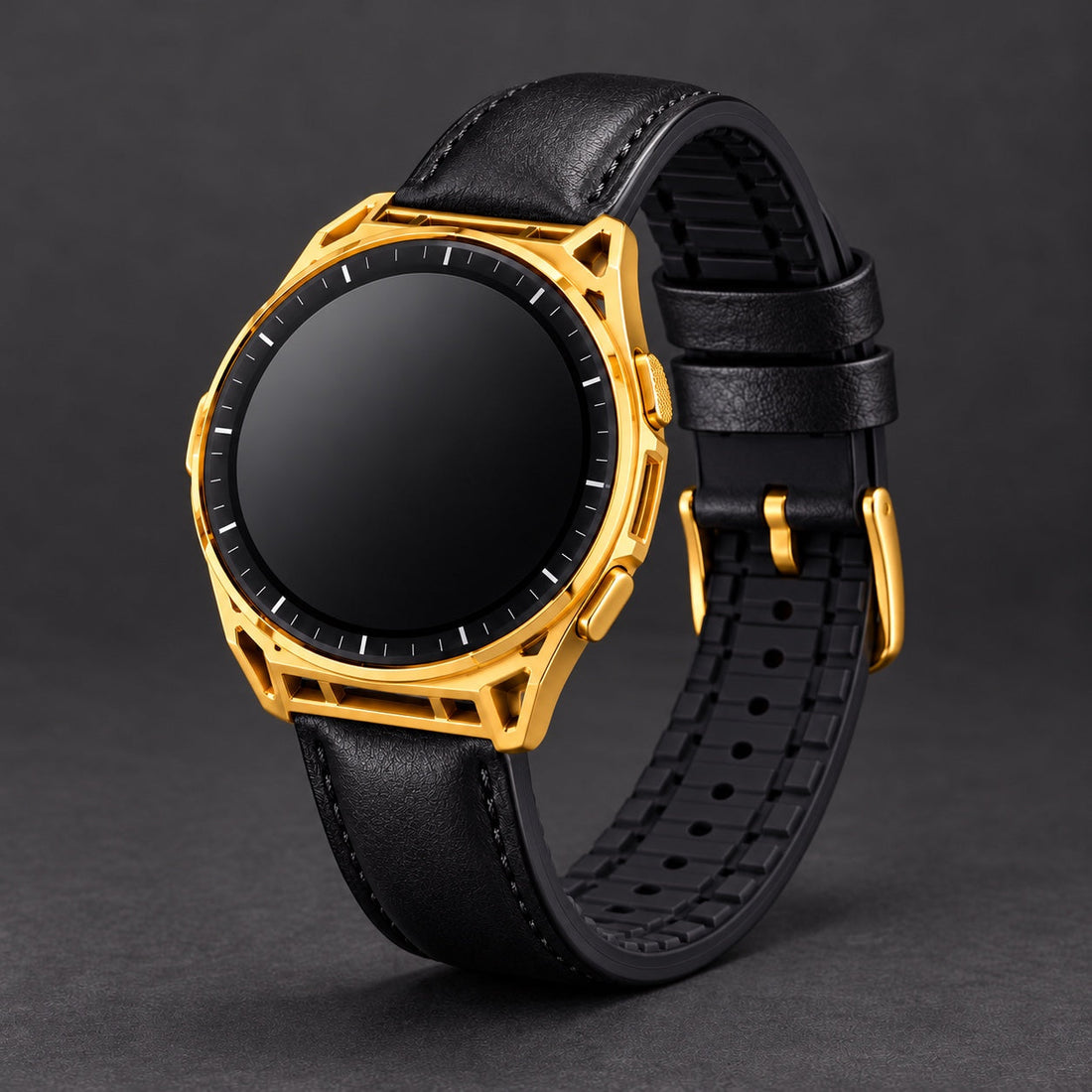 Custom 24K gold Amazfit Balance 3 with a black leather hybrid band, illustrating a complete-watch purchase from De Billas Lux