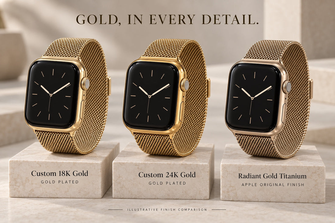 Custom 18K gold, custom 24K gold, and Apple Watch Series 12 Radiant Gold titanium finish comparison