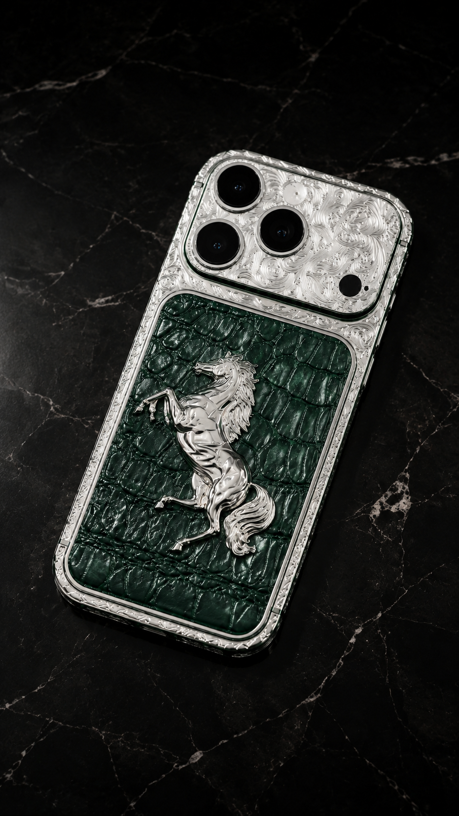 Custom Platinum iPhone 17 Pro Max – Green Leather Equestrian Edition