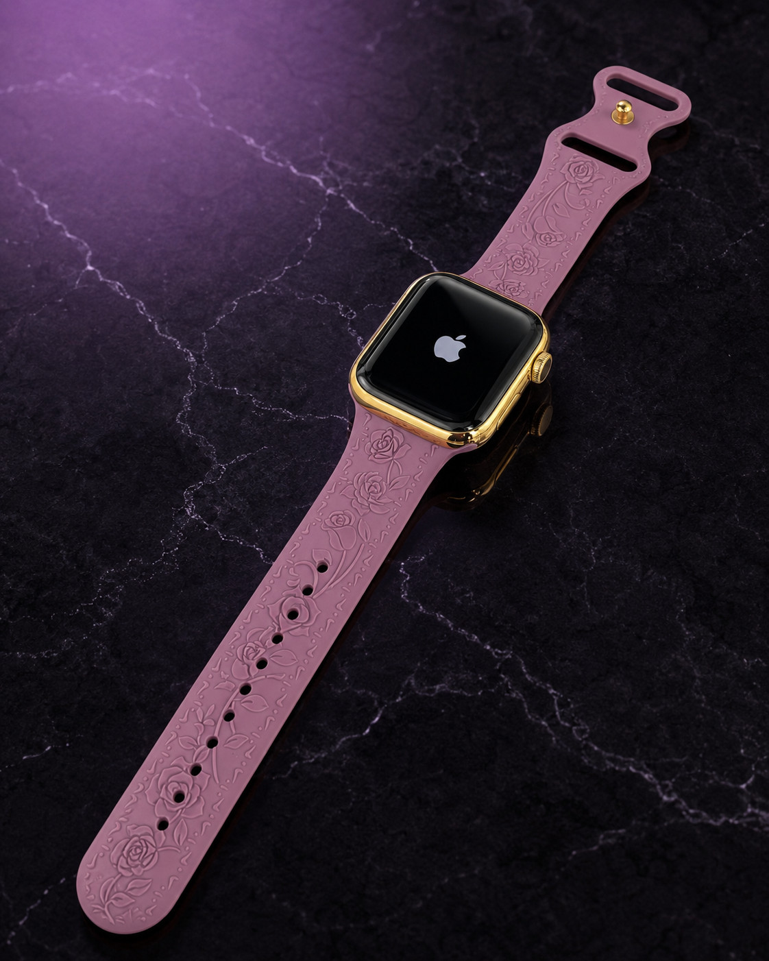 Custom 24K Gold-Plated Apple Watch Series 9 with Purple Coquette Sport Band