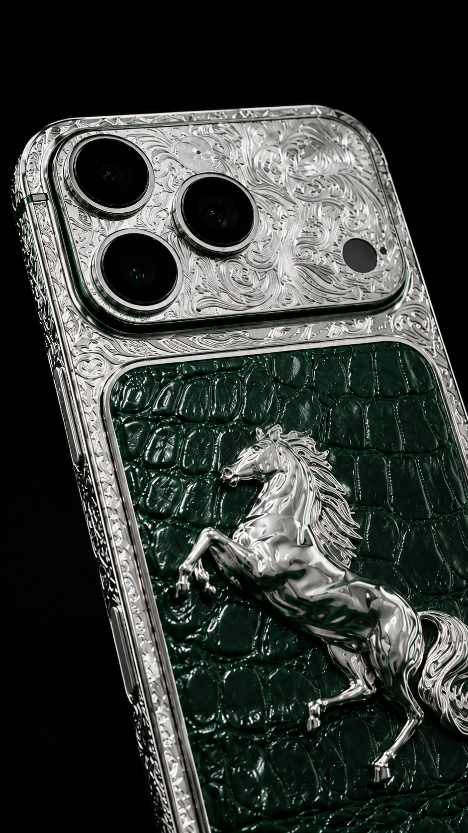 Custom Platinum iPhone 17 Pro Max – Green Leather Equestrian Edition