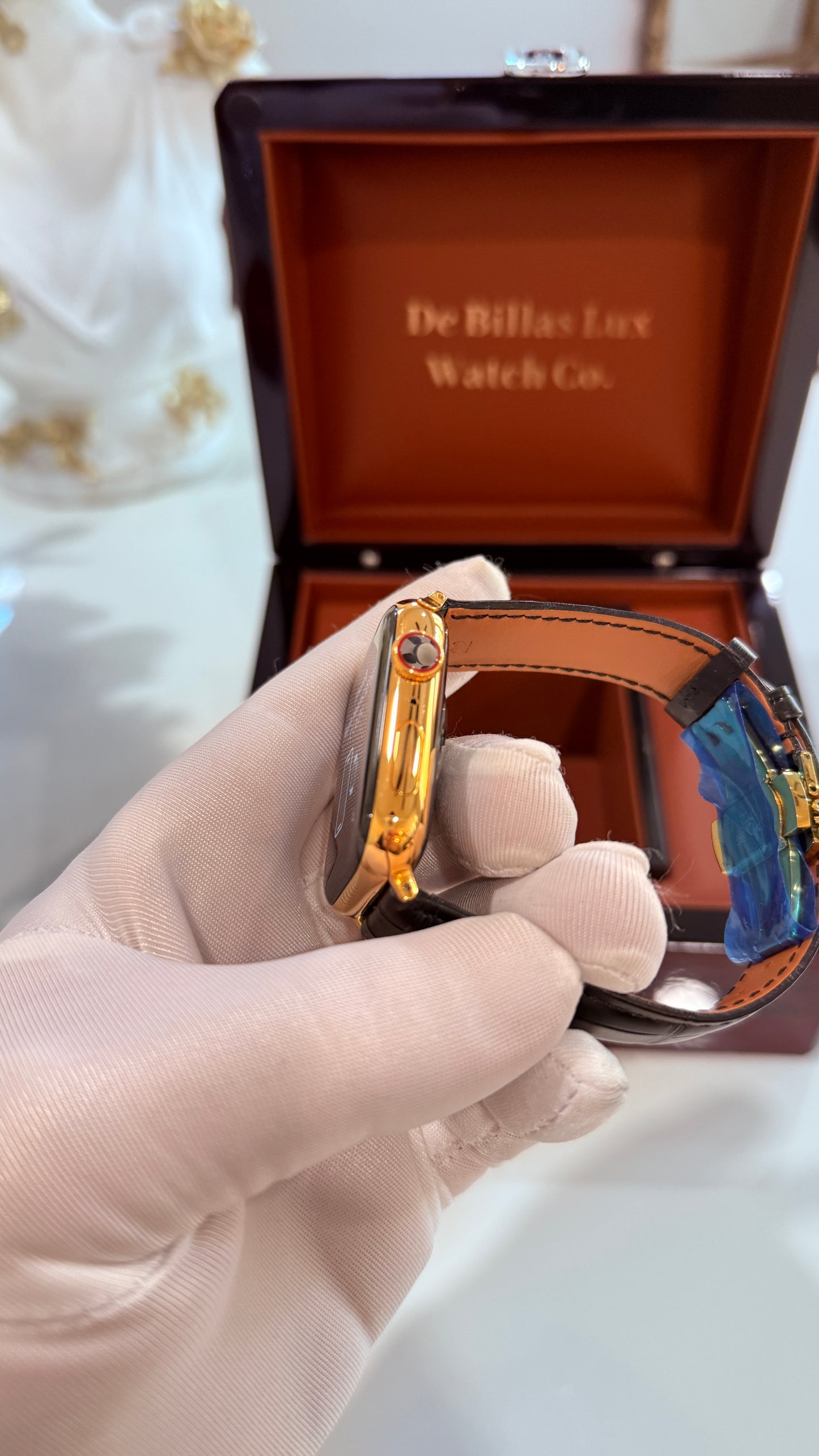 Custom Black Alligator Leather Band 24k Gold Deployment Buckle - Band Only